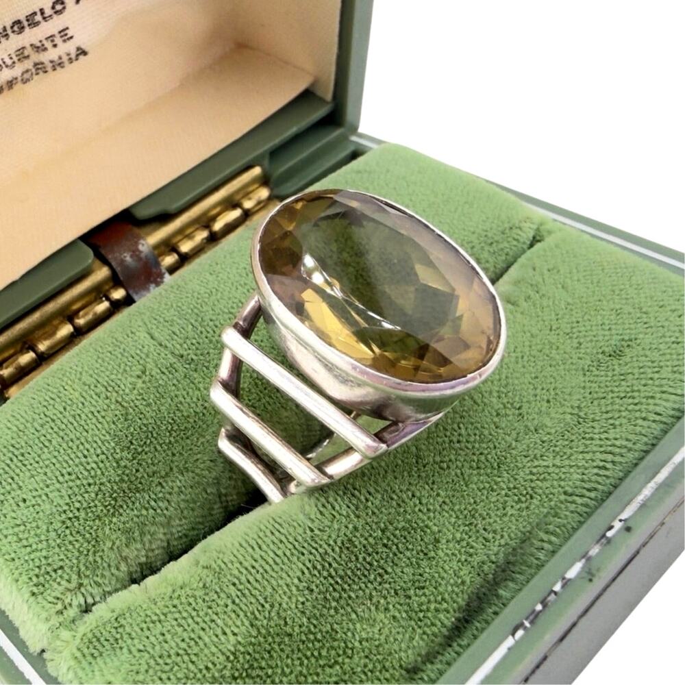 Modernist 925 Sterling Silver Citrine Gemstone Oval Handmade Artisan 6.5 Ring